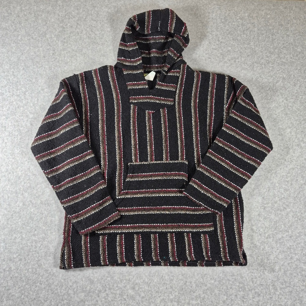 Frank's Baja Hoodie Mens L Black Striped Mexican Drug Rug Pullover Sweater